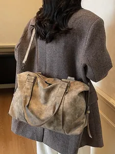 Large gray-brown frosted leather tote bag for women featuring a vintage texture and shoulder strap