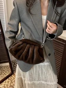 Women Plush Pleated Cloud Bag Faux Fur Shoulder Bag With Silver Chain Strap Fashion Pouch Crossbody Bag For Autumn Winter