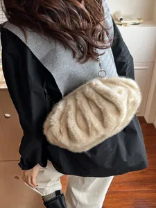 Chic beige faux fur pleated cloud bag with silver metal chain strap for women