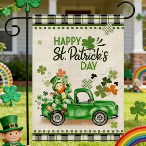 St. Patrick's Day garden flag with leprechaun truck and clover design on lawn