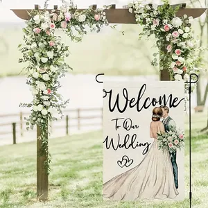 Bandiera da giardino per matrimoni con arco floreale e scritta Welcome To Our Wedding