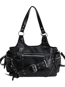 Punk style black oil wax leather shoulder bag with multiple zippers and buckle details