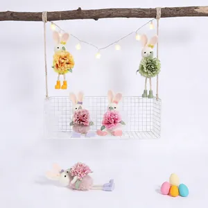 Easter bunny plush ornaments with colorful faux flowers for festive home decoration