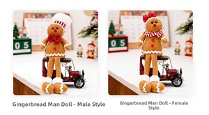 Detail of male and female plush gingerbread man dolls in festive Christmas sitting poses