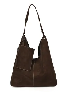 Retro dark brown hobo shoulder bag with suede texture and matching mini pouch