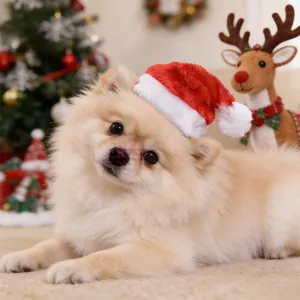 Close-up of a small dog wearing a plush red Christmas hat with soft white pompom details