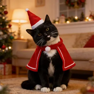 Close-up of a cat wearing a festive red Christmas cloak with a matching pompom hat