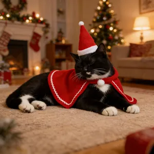 Cat in red Christmas pet cape with Santa hat lying on carpet by the fireplace