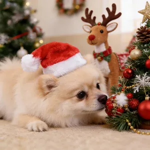 Red plush Christmas pet hat for small dogs and cats with white pompom and festive trim