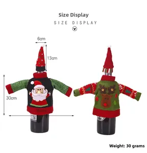 Size chart showing dimensions of knitted Christmas wine bottle sweaters and hats