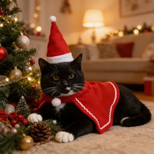 Close-up of a festive red and white pet Christmas cape set with pom-poms on a cat model