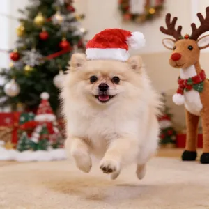 Red plush Christmas hat for small pets worn by a Pomeranian in a festive indoor setting