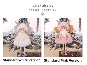 Detail of plush Christmas angel dolls with sequin wings and furry hats in pink and white