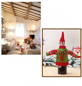 Detailed knit Christmas wine bottle cover featuring reindeer pattern and mini hat