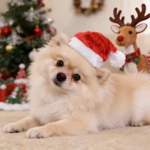 Plush red and white Christmas hat for small dogs and cats on a festive background