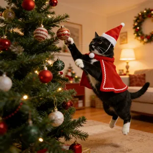 Action shot of a cat in a red Christmas cloak and hat playing with festive ornaments