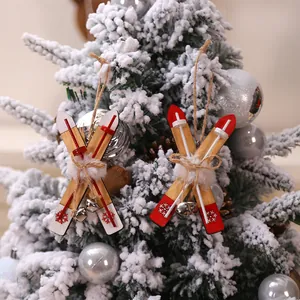 Wooden Ski Sled Christmas Tree Ornaments With Bells Plush Balls Snowflake Print Nordic Style Xmas Holiday Home Decorations