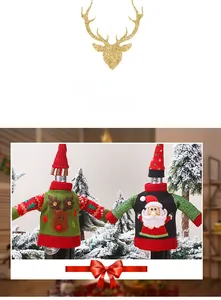 Detailed view of knitted Christmas wine bottle covers with deer and Santa patterns