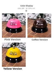 Detailed color display of pink, coffee and yellow metal service call bells with text