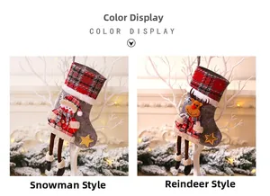 Detail view of plaid Christmas stockings featuring 3D snowman and reindeer plush designs