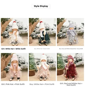 Close-up of knitted Christmas skiing figurines in various colors for festive decoration