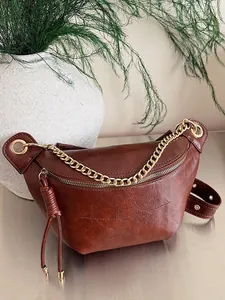 Women Retro PU Leather Dumpling Saddle Bag With Wide Shoulder Strap Metal Chain Tassel Casual Crossbody Shoulder Bag For Daily Travel
