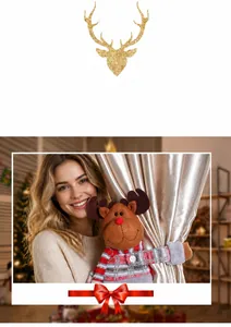 Close-up of reindeer plush curtain buckle with red and white striped knit sweater detail