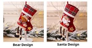 Detail of red Christmas stockings featuring plush bear and Santa with long hanging legs