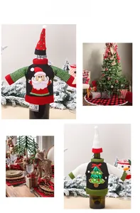 Close-up of knitted Christmas sweater wine bottle covers with Santa and tree patterns