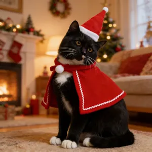 Christmas pet cloak and hat set for cats and small dogs in festive holiday setting