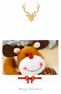 Detail view of a reindeer plush curtain buckle with a striped scarf for Christmas decor
