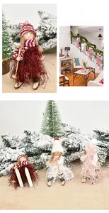 Close-up of skiing Christmas dolls with knitted hats, plush skirts and wooden skis