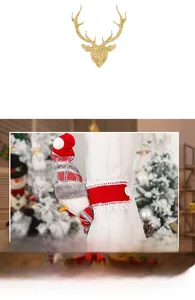 Detailed view of snowman Christmas curtain tieback with striped hat and lace decor