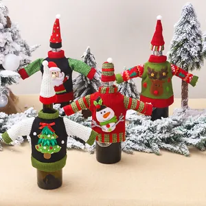 Christmas Wine Bottle Cover Sweater And Hat Knitted Reindeer Santa Snowman Tree Pattern Festive Table Decoration Gift