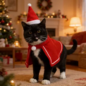 Christmas cat cape and hat set, red festive pet outfit for dogs in a cozy home setting