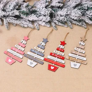 Set di 4 ornamenti per albero di Natale in legno rustico con stella e cuore decorativi