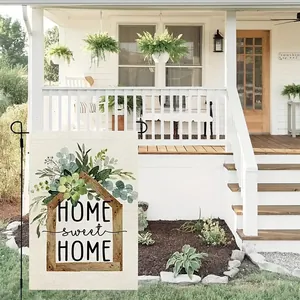 Supporto in metallo con bandiera da giardino in lino, testo Home Sweet Home e succulente