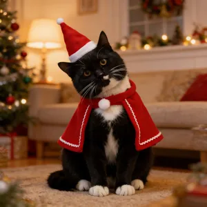 Christmas pet cape set with hat for cats and dogs in a cozy festive holiday scene