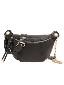 Glossy black crescent crossbody bag for women with gold zipper and stylish leather fringe