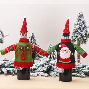 Christmas sweater wine bottle covers with reindeer and Santa patterns for table decor