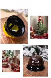 Detailed view of metal service bells with Ring for a Coffee text in festive settings
