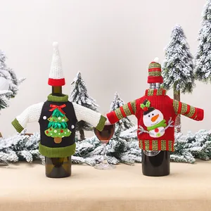Christmas sweater wine bottle covers with tree and snowman patterns and mini matching hats