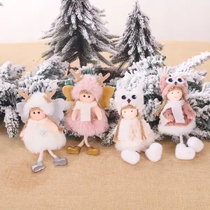 Set of 4 plush Christmas angel dolls with reindeer antlers and owl hats for festive decor