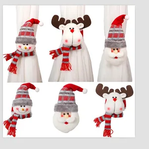 Christmas curtain buckles set featuring Santa Claus, Snowman, and Reindeer plush designs