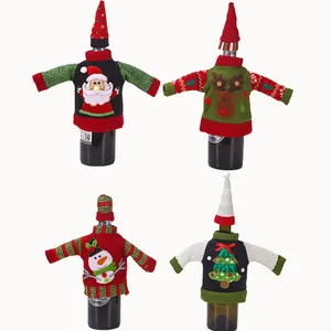 Christmas sweater wine bottle covers with mini hats for holiday table decor