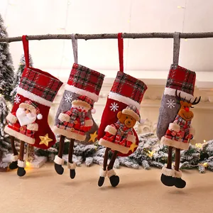 Christmas Stockings Plaid Long Legs 3D Santa Reindeer Snowman Bear Dolls Xmas Gift Bag Hanging Decorations For Holiday Home Party