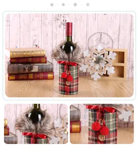Close-up of Christmas wine bottle cover with red-green plaid fabric and faux fur collar