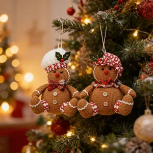 Handcrafted crochet gingerbread man Christmas tree ornaments with chef hat and bow