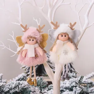 Cute plush angel reindeer ornaments for Christmas tree in pink and white faux fur