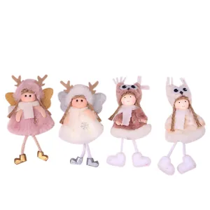 Set of 4 plush Christmas angel dolls with reindeer antlers and sequin wings for tree decor